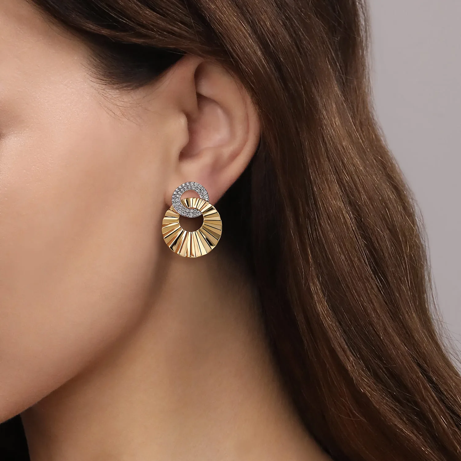 Double Disk Earrings Stud With Diamond Cut Texture in 14K White/Yellow Gold, photograph 2