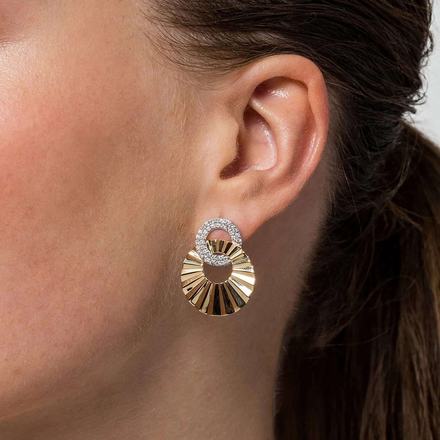 Double Disk Earrings Stud With Diamond Cut Texture in 14K White/Yellow Gold, photograph 3