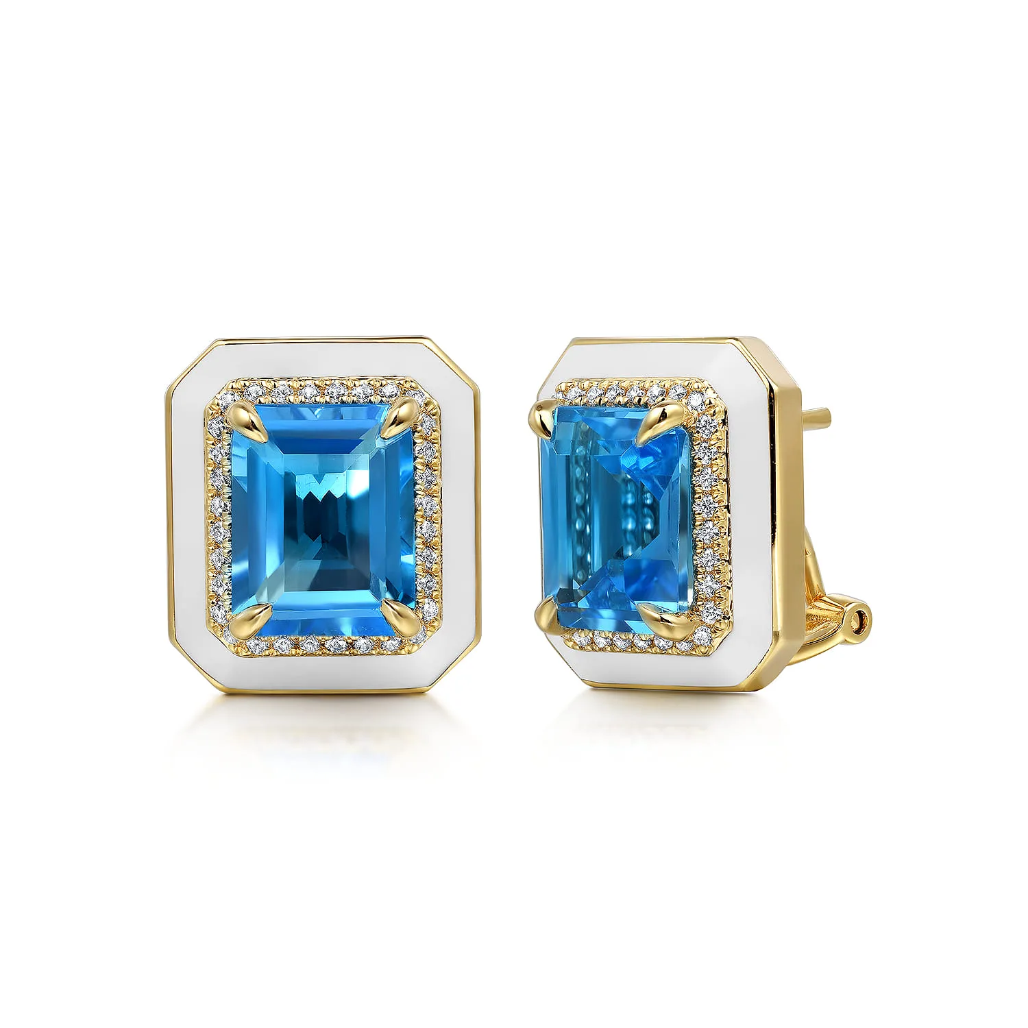Diamond and Blue Topaz Earrings with White Enamel