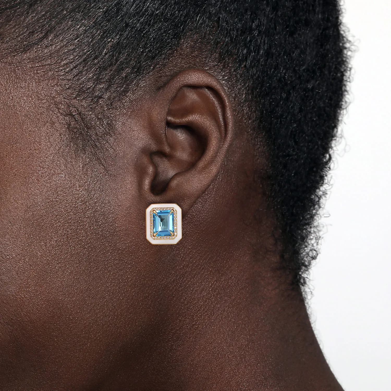 Diamond and Blue Topaz Earrings with White Enamel in 14K Yellow Gold, photograph 2