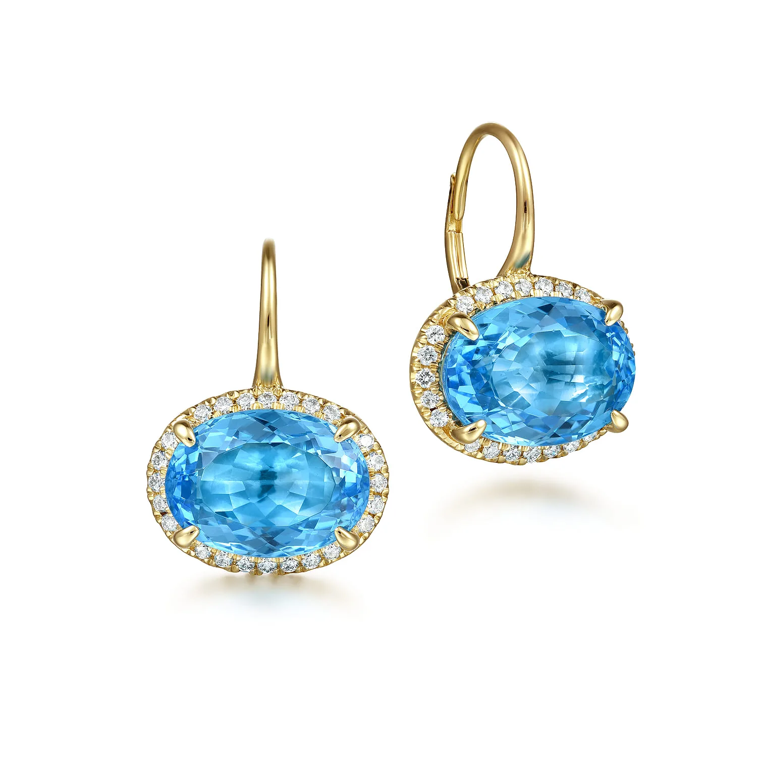 Diamond and Blue Topaz Oval Shape Earrings With Flower Pattern J-Back