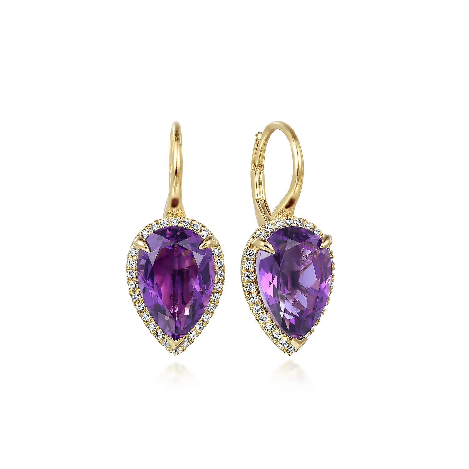 Diamond and Flat Pear Shape Amethyst Earrings With Flower Pattern J-Back