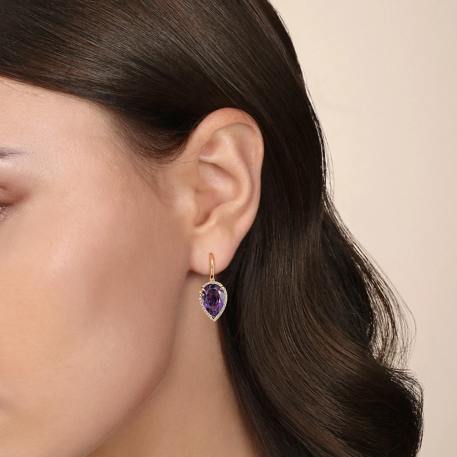 Diamond and Flat Pear Shape Amethyst Earrings With Flower Pattern J-Back in 14K Yellow Gold, photograph 2