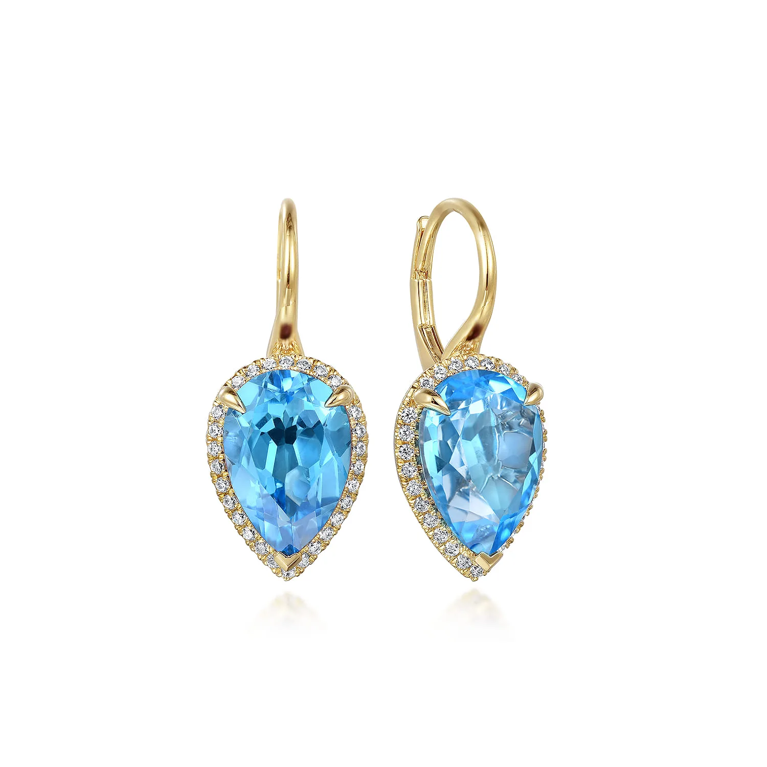 Diamond and Flat Pear Blue Topaz Earrings With Flower Pattern J-Back