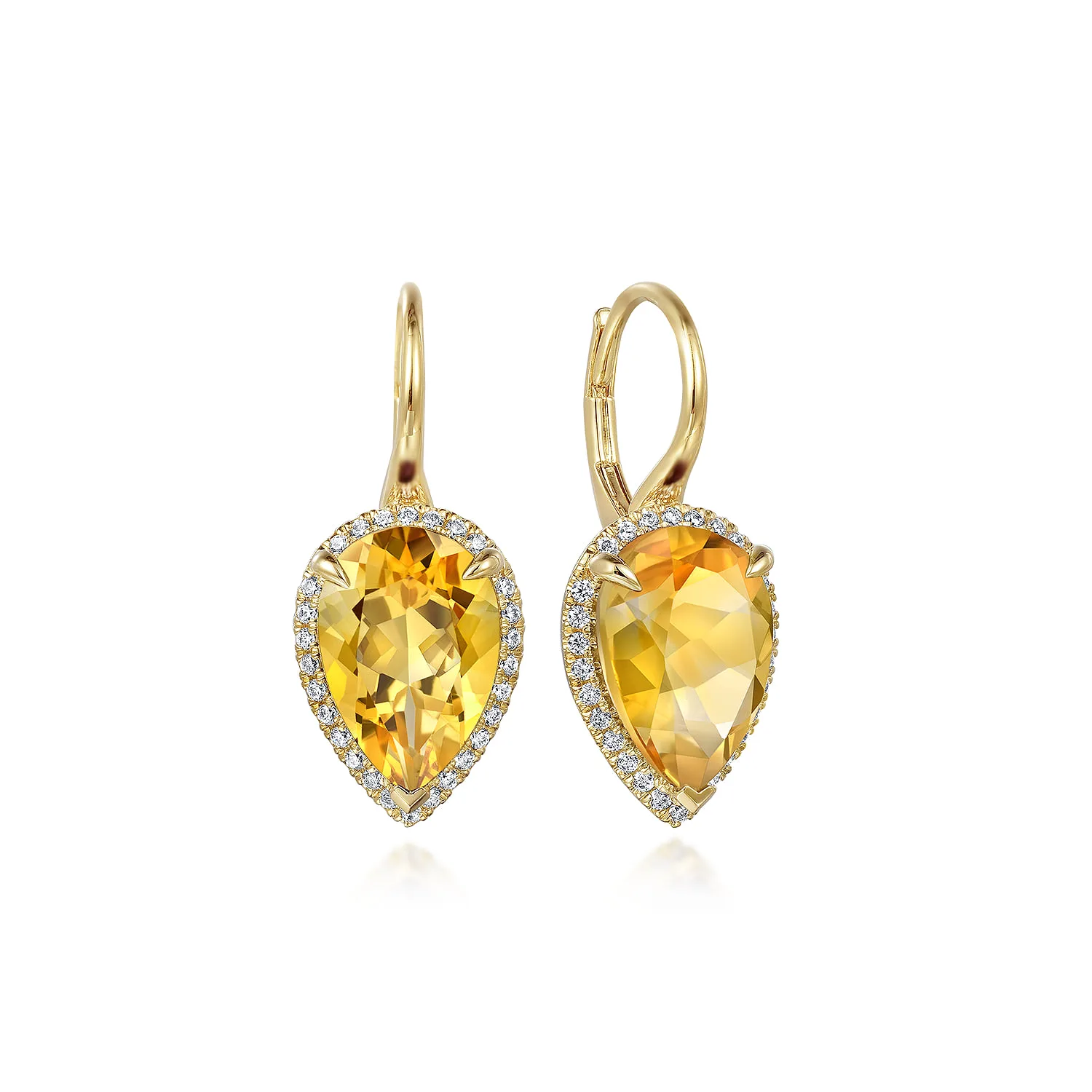 Diamond and Flat Pear Citrine Earrings With Flower Pattern J-Back