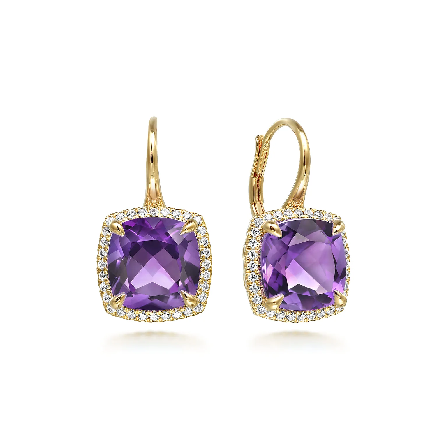 Diamond and Amethyst Cushion Cut Earrings With Flower Pattern J-Back