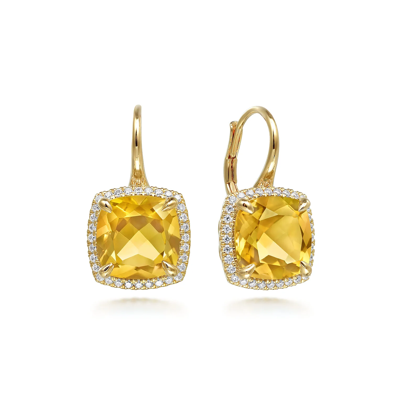 Diamond and Citrine Cushion Cut Earrings With Flower Pattern J-Back