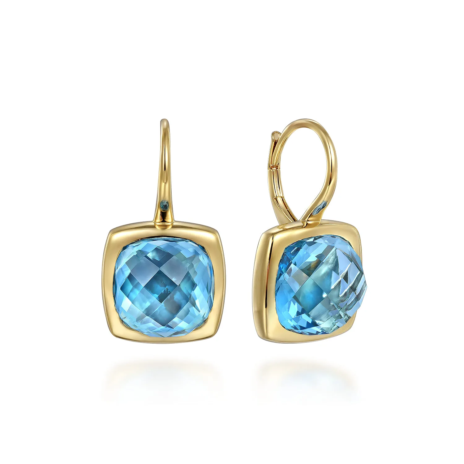 Cushion Cut Blue Topaz Earrings With Flower Pattern J-Back