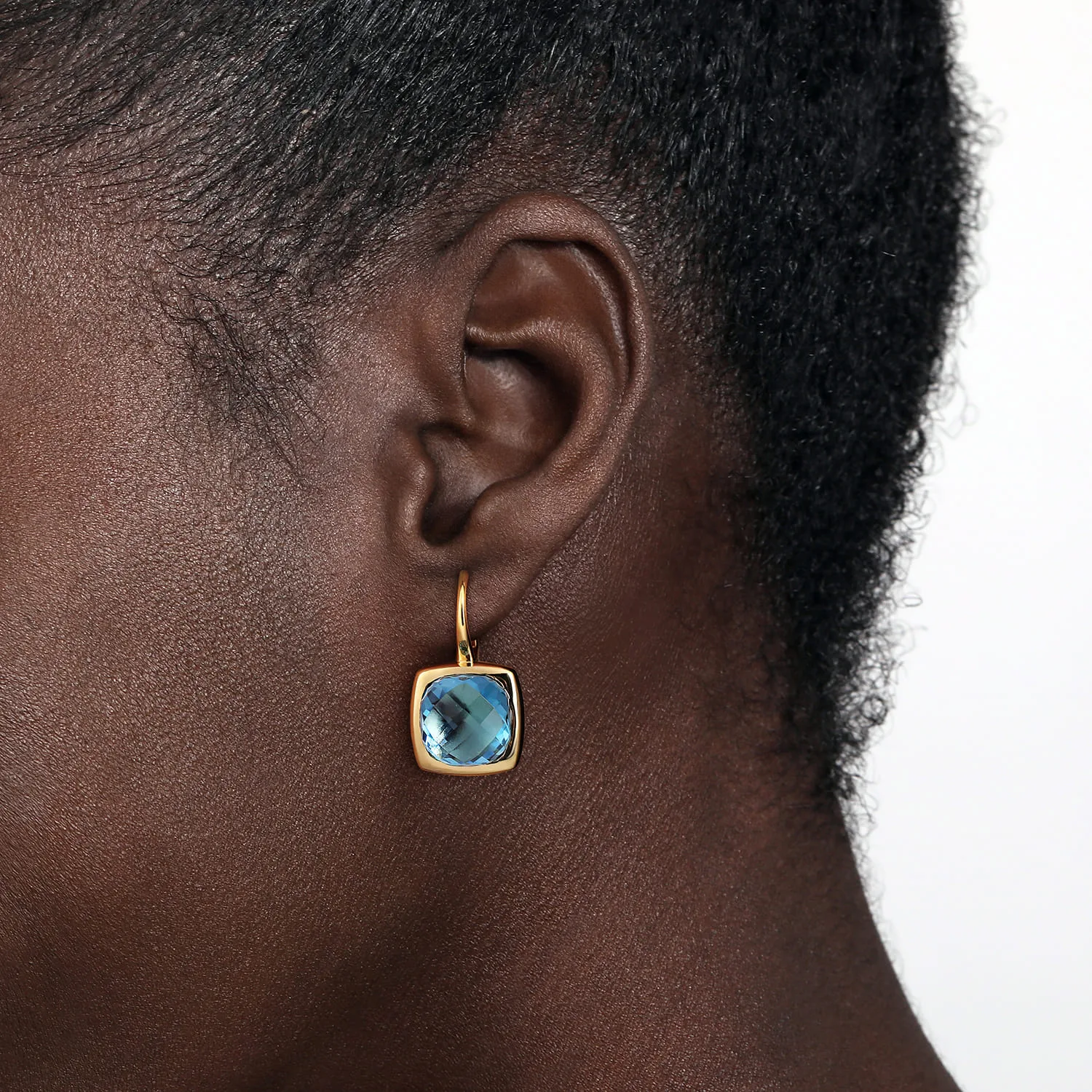 Cushion Cut Blue Topaz Earrings With Flower Pattern J-Back in 14K Yellow Gold, photograph 2