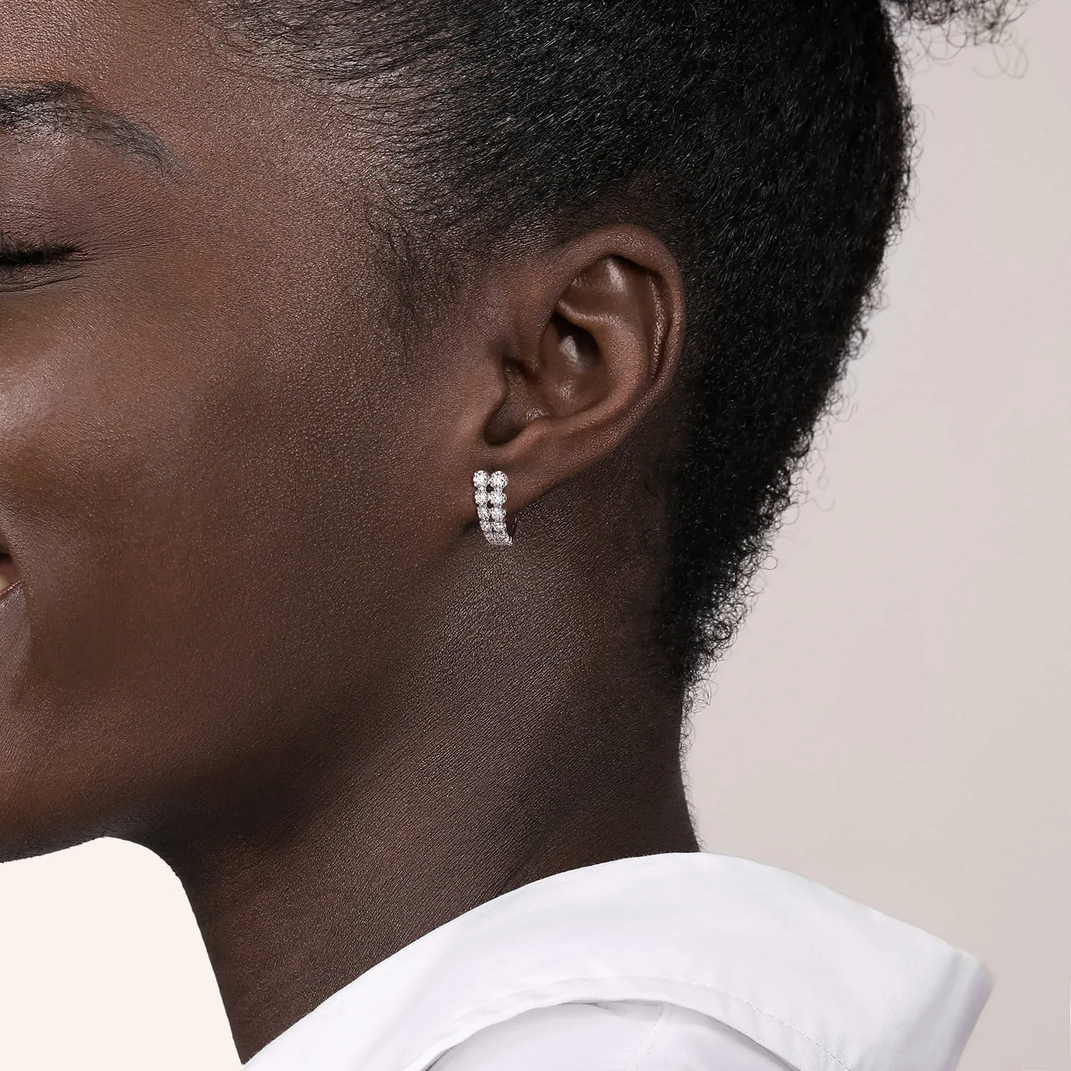 Double Diamond J Hoop Earrings in 14K White Gold, photograph 2