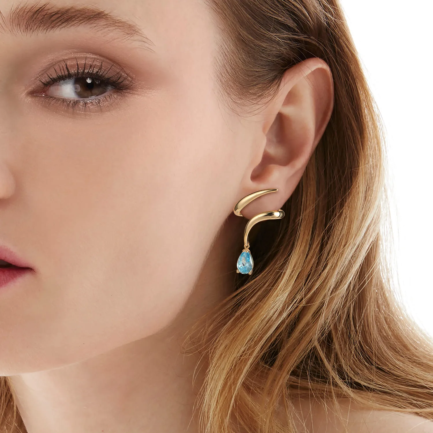 Blue Topaz Stud Drop Earrings in 14K Yellow Gold, photograph 2