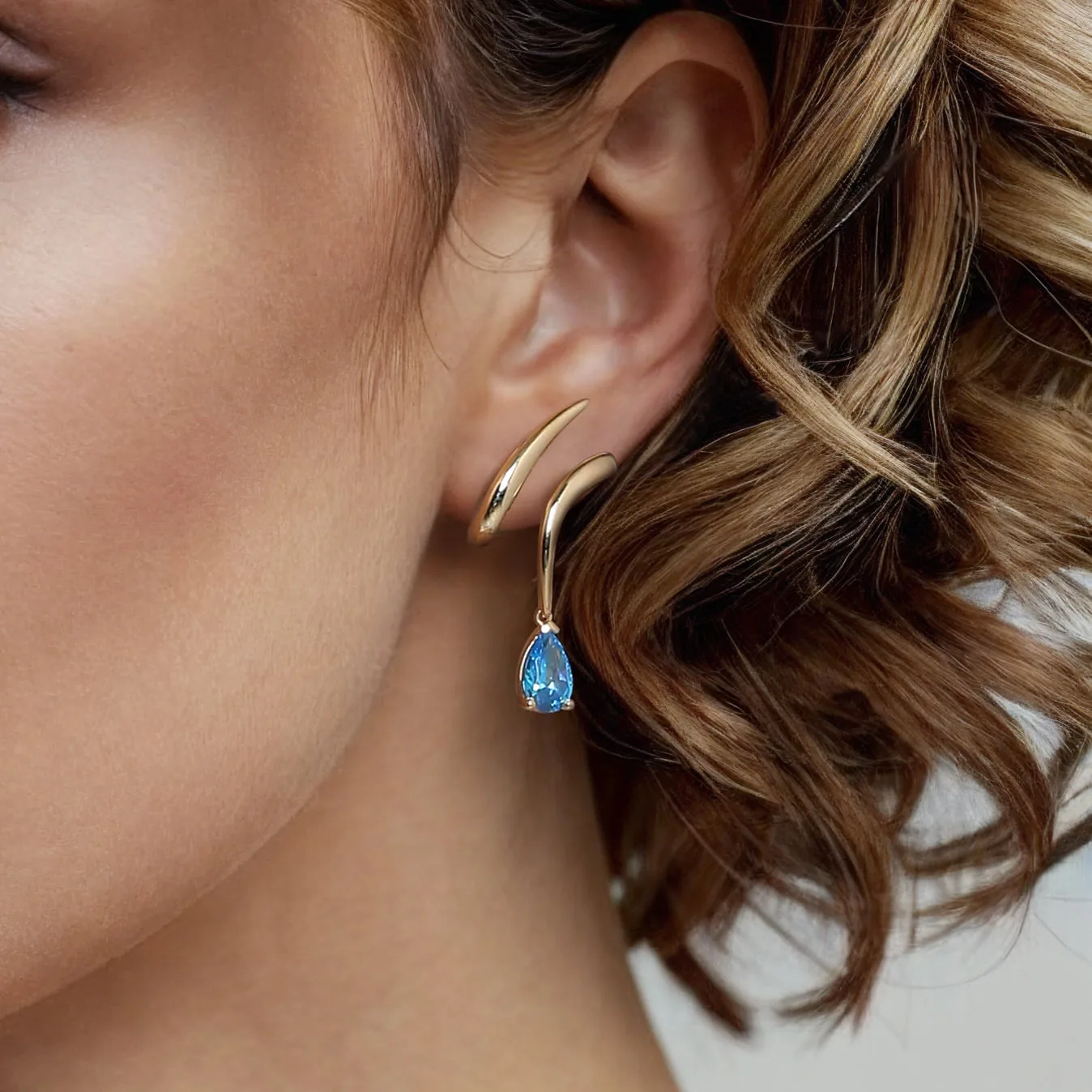 Blue Topaz Stud Drop Earrings in 14K Yellow Gold, photograph 4