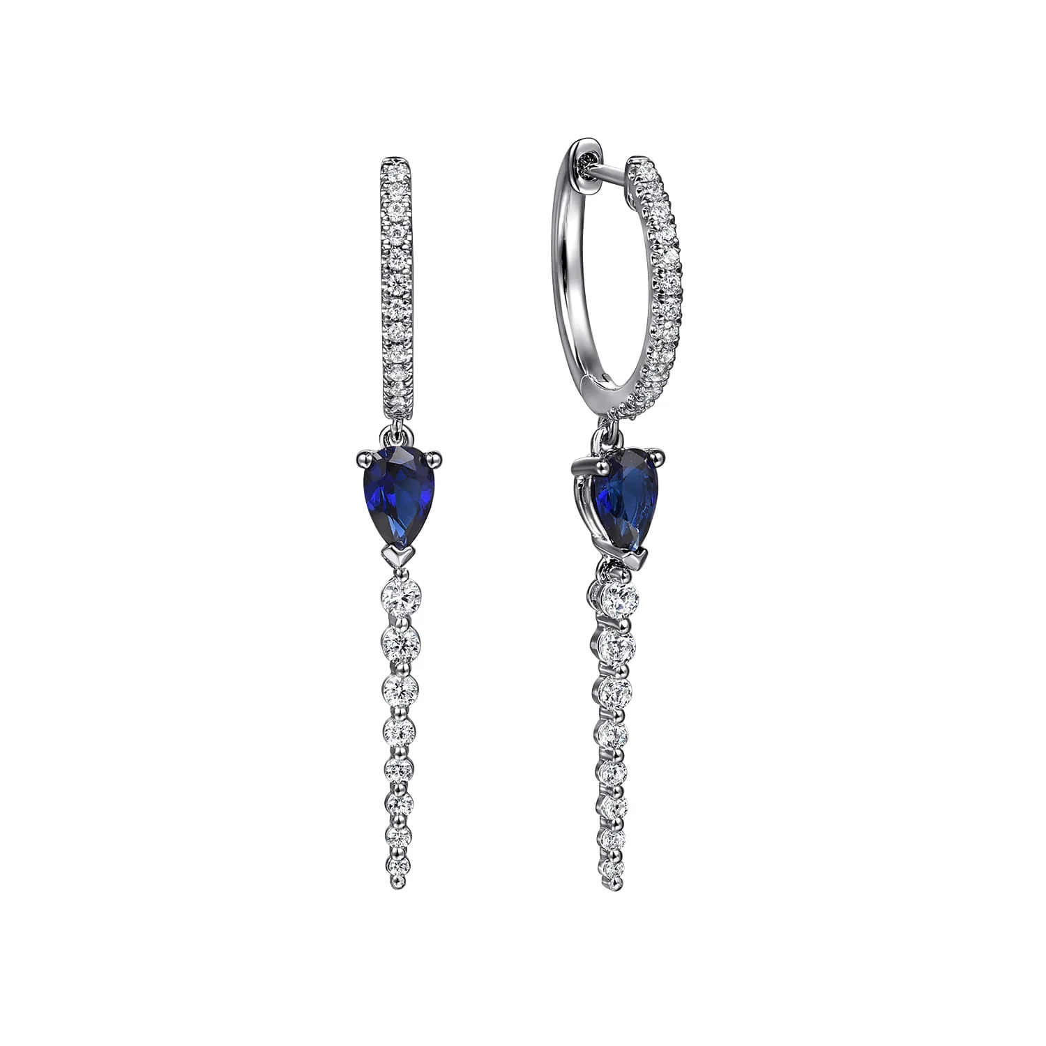 Graduating Diamonds and Blue Sapphire Huggie Drop Earrings