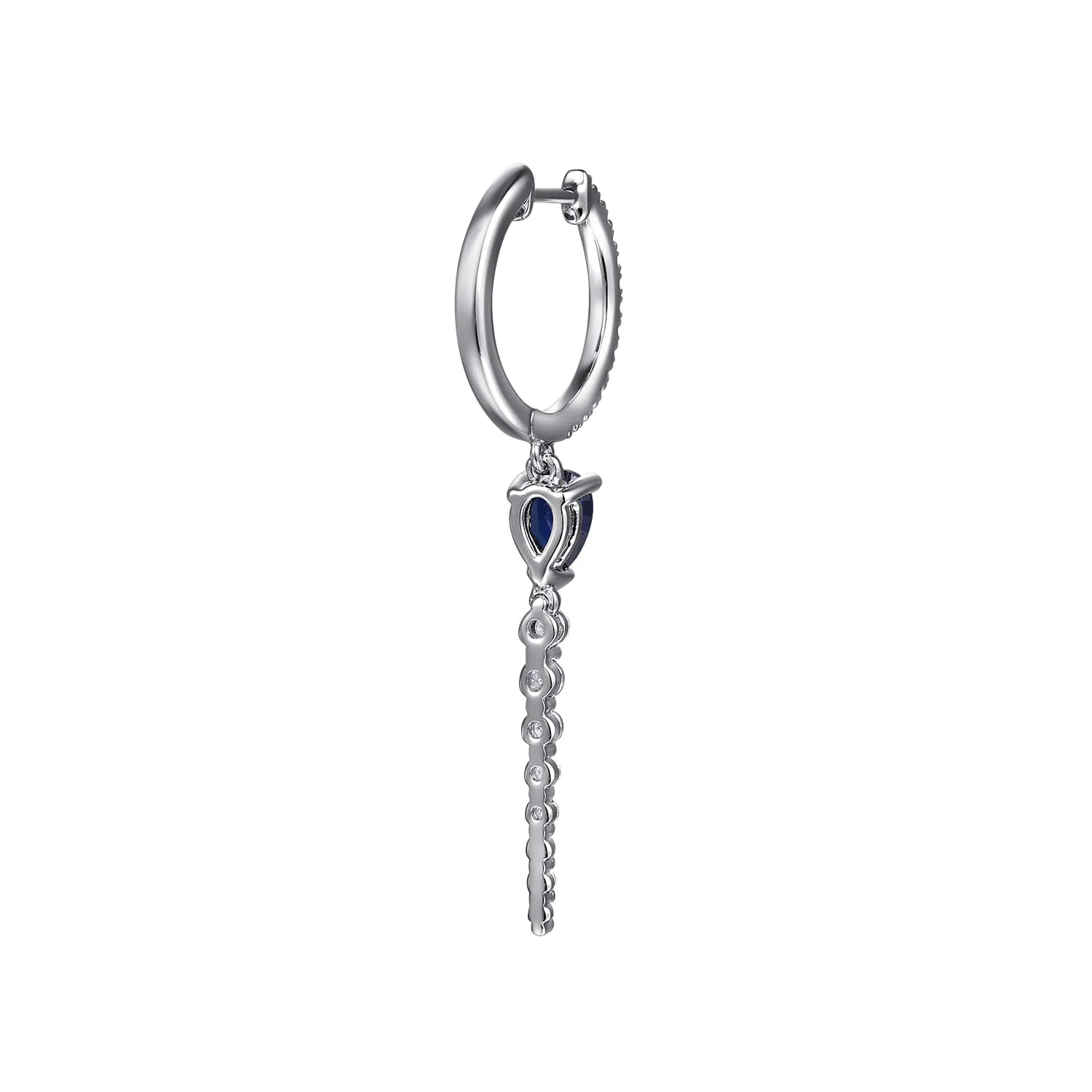 Graduating Diamonds and Blue Sapphire Huggie Drop Earrings in 14K White Gold, photograph 3