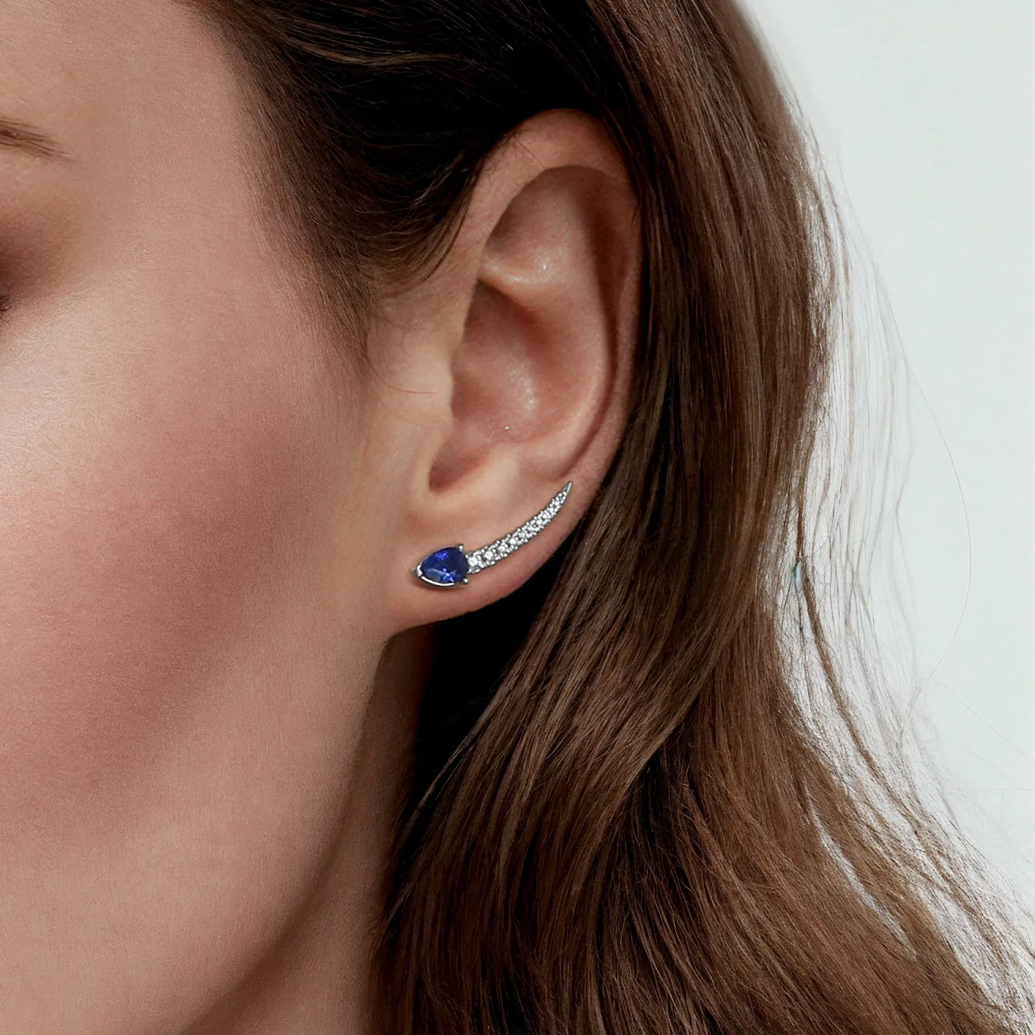 Diamond and Blue Sapphire Stud Earrings in 14K White Gold, photograph 4