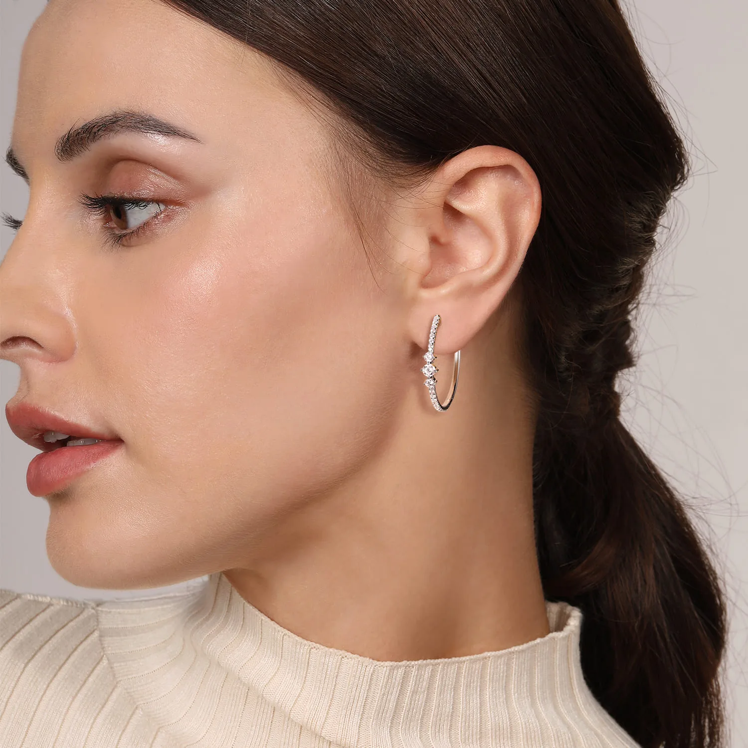 Diamond Classic Hoop Earrings in 14K White Gold, photograph 2
