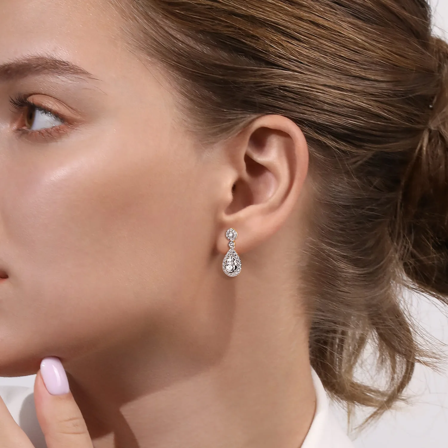 Diamond Stud Drop Earrings in 14K White Gold, photograph 2