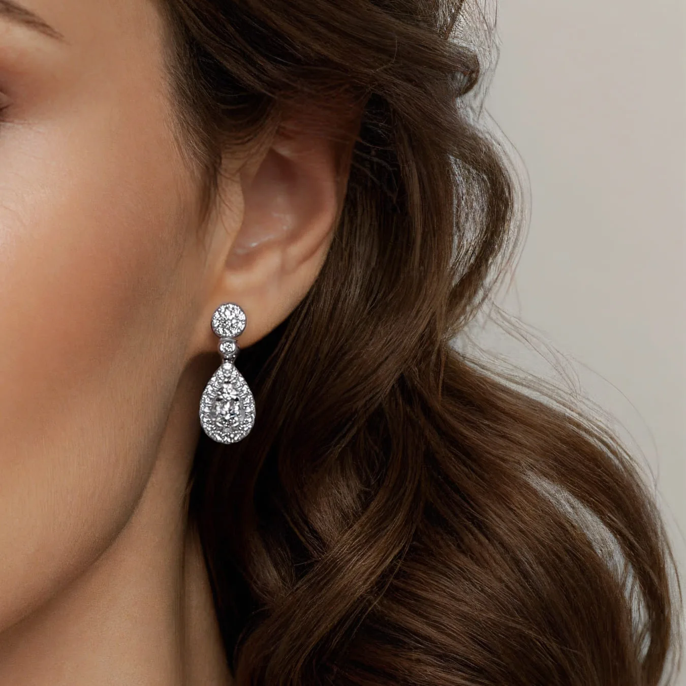 Diamond Stud Drop Earrings in 14K White Gold, photograph 4
