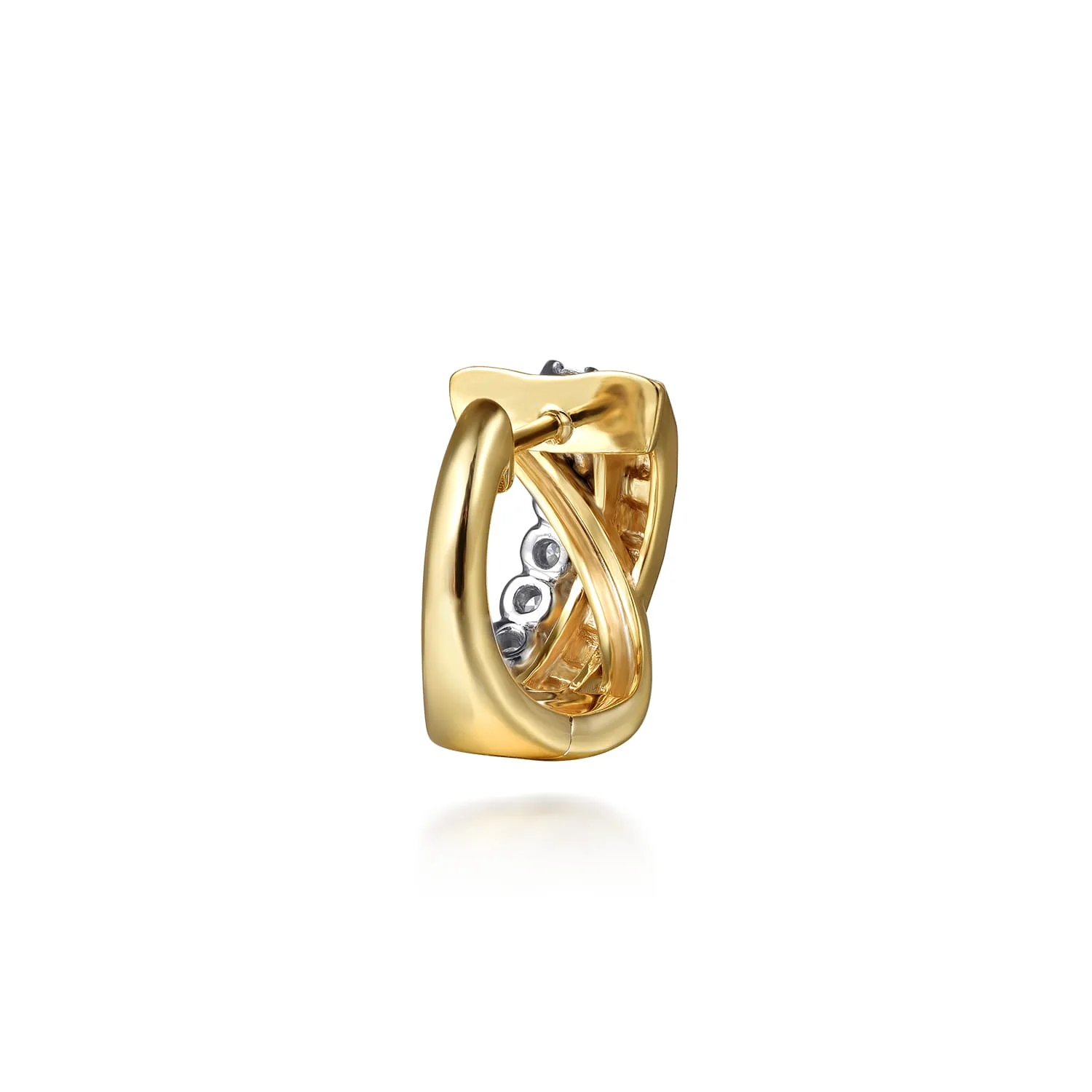 Diamond Criss Cross Huggie Earrings in 14K White/Yellow Gold, photograph 3