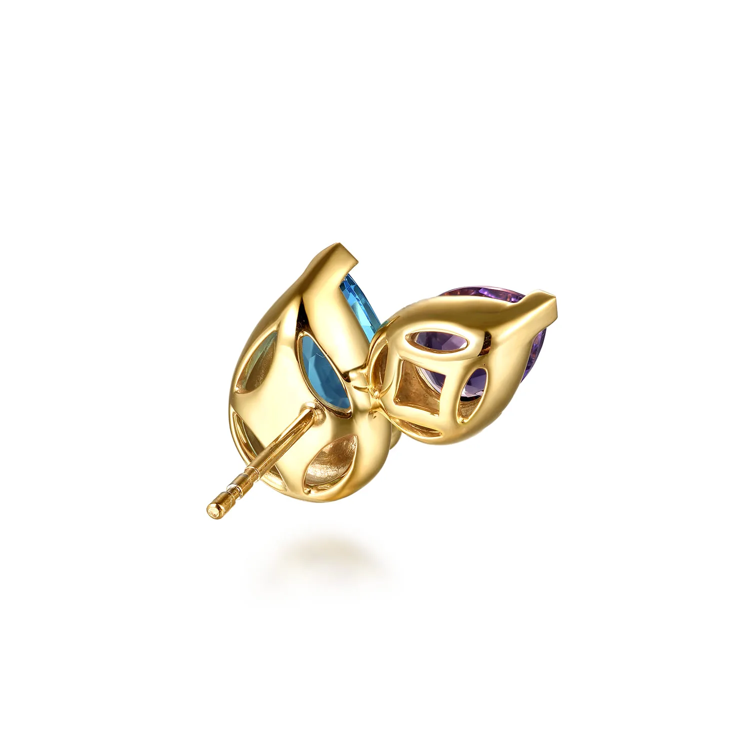 Toi et Moi Diamond Blue Topaz and Amethyst Stud Earrings in 14K Yellow Gold, photograph 3