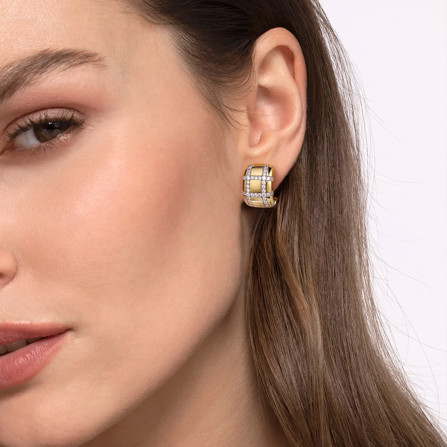Diamond J Hoop Stud Earrings in 18K Yellow Gold, photograph 2