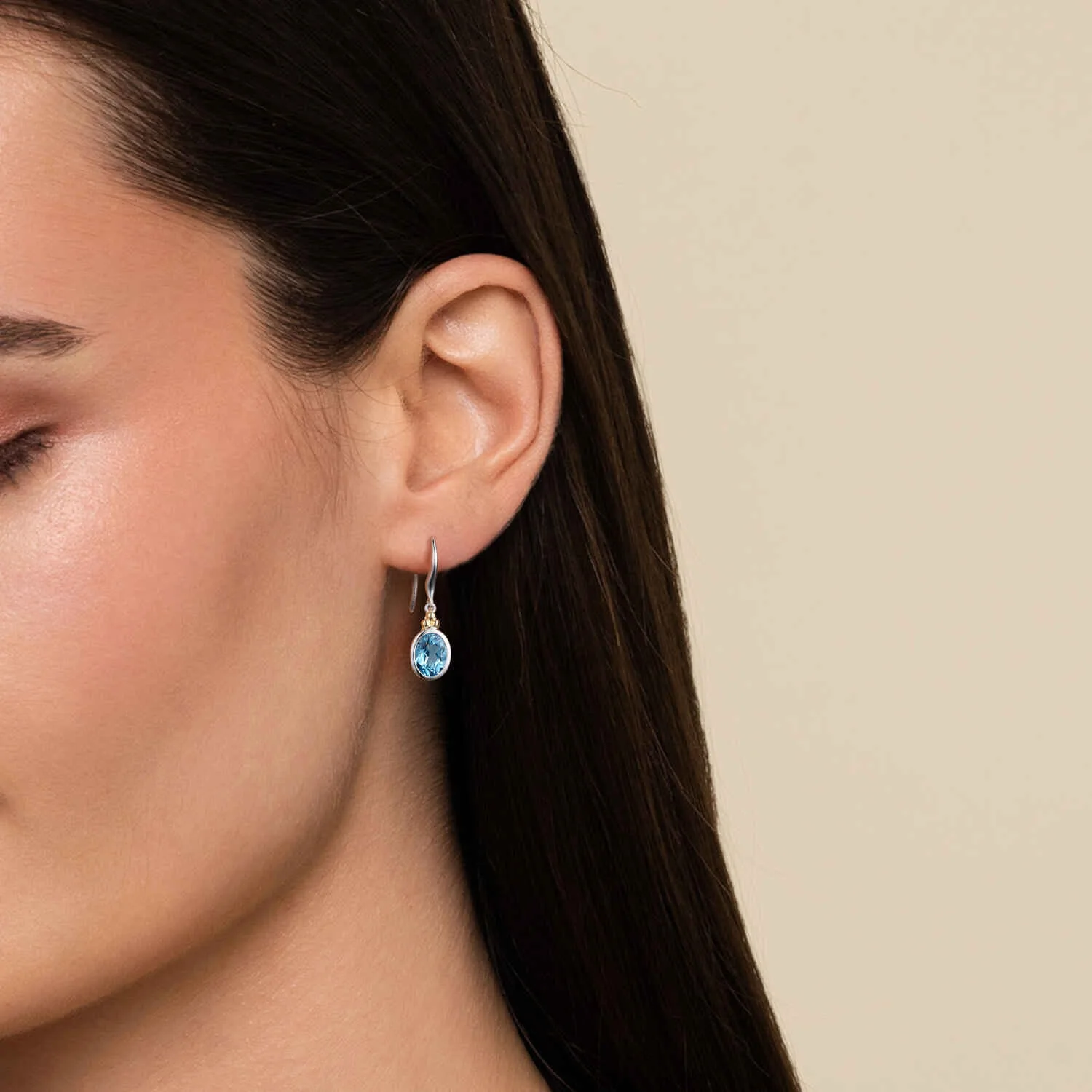 and Bujukan Blue Topaz Drop Earrings in 14K Yellow Gold, photograph 3