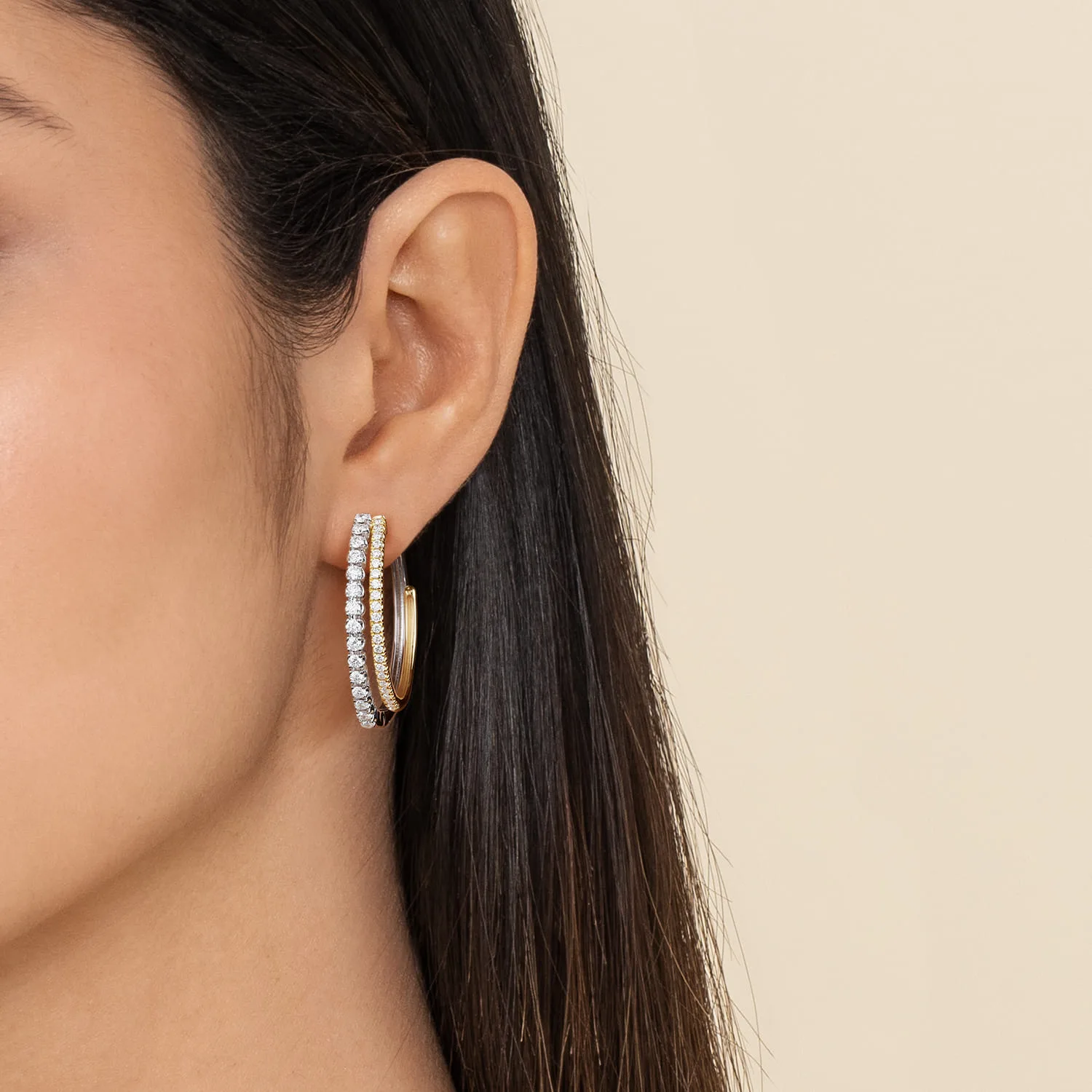 Diamond Intricate Hoop Earrings in 14K White/Yellow Gold, photograph 3