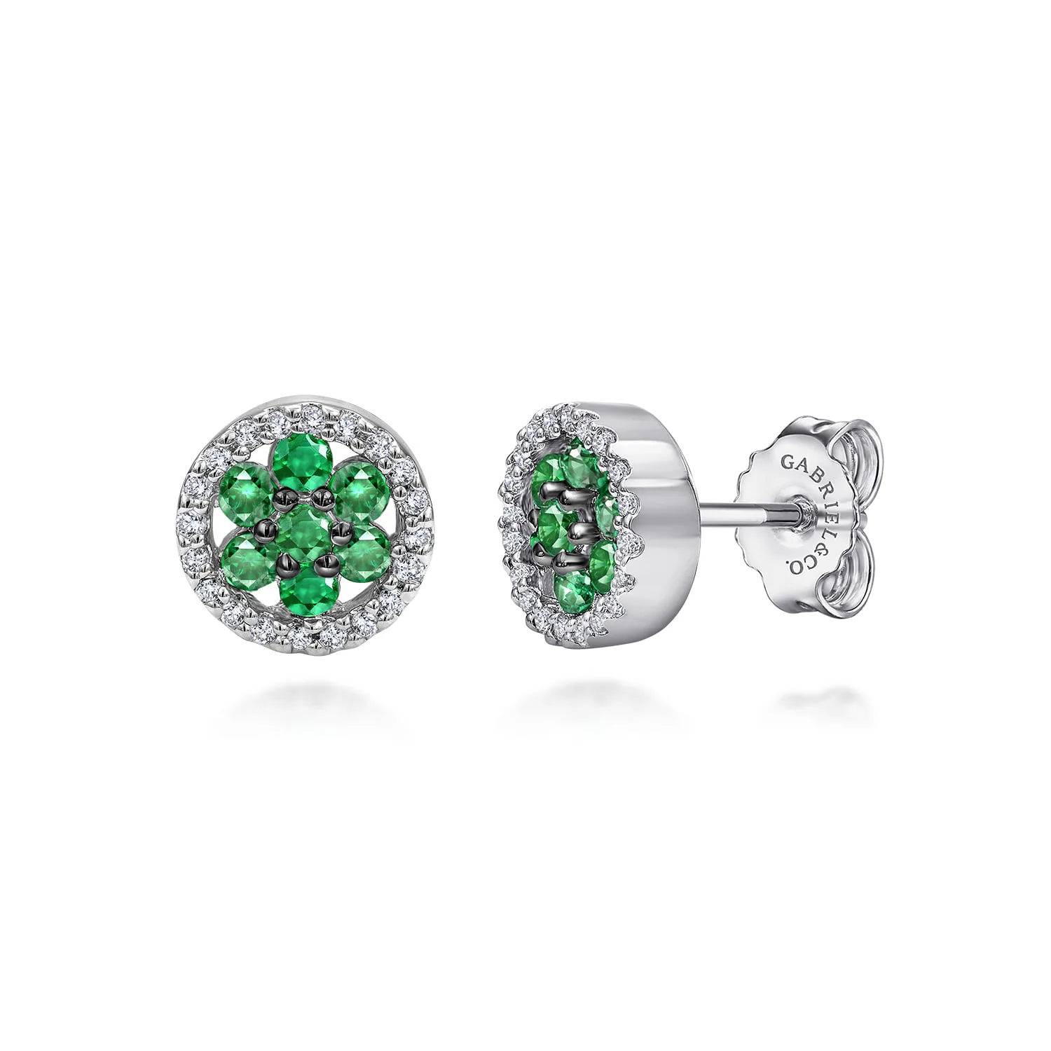 Emerald and Diamond Flower Stud Earrings
