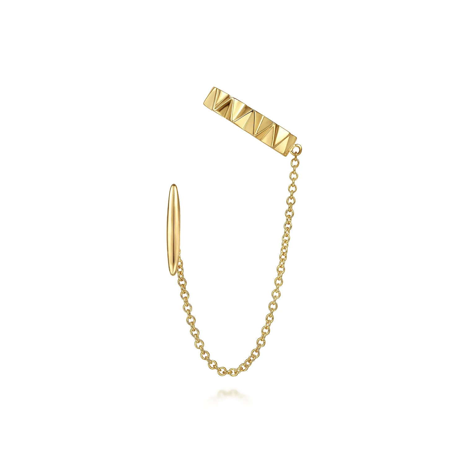 Geometric Bar and Chain Drop Single Stud and Ear Cuff in 14K Yellow Gold, photograph 2