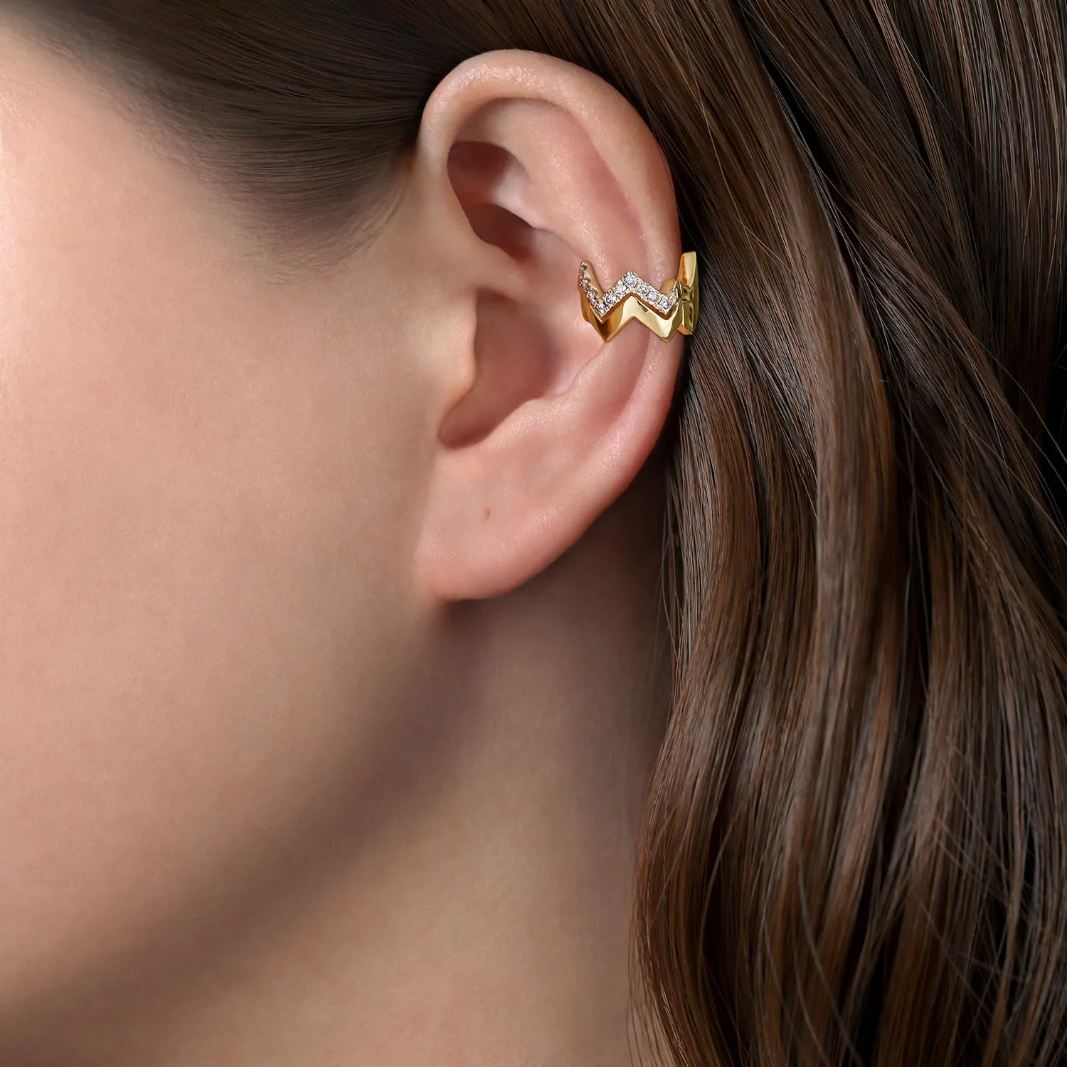 Diamond Zig Zag Ear Cuff in 14K White/Yellow Gold, photograph 3