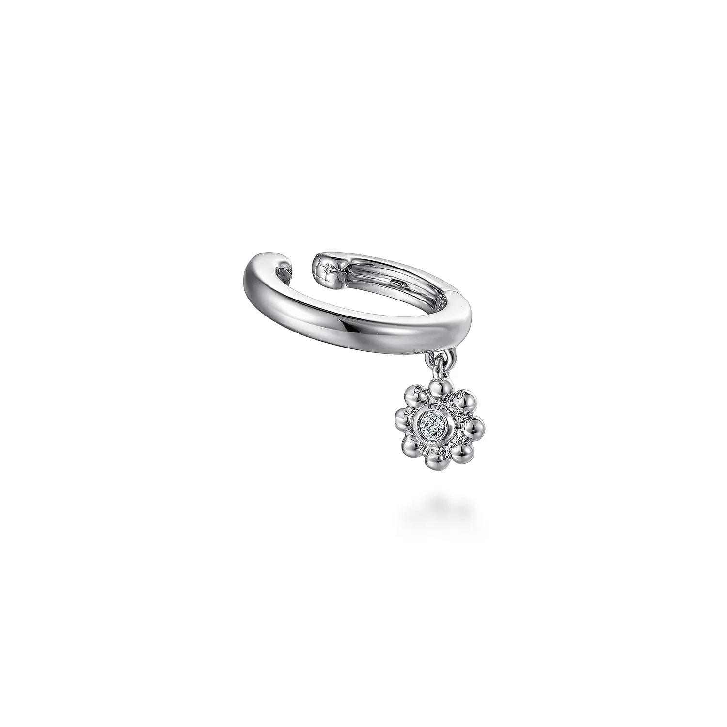Ear Cuff With Hanging Bujukan Ball and Diamond Cluster in 14K White Gold, photograph 2