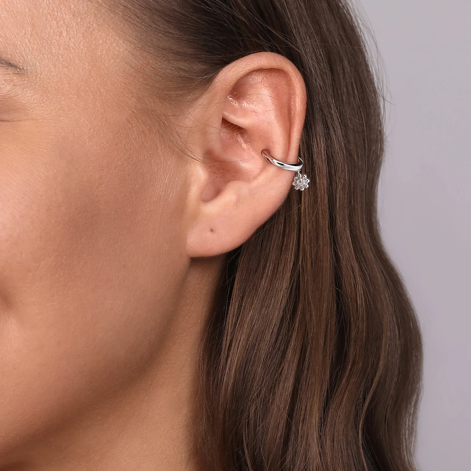 Ear Cuff With Hanging Bujukan Ball and Diamond Cluster in 14K White Gold, photograph 3