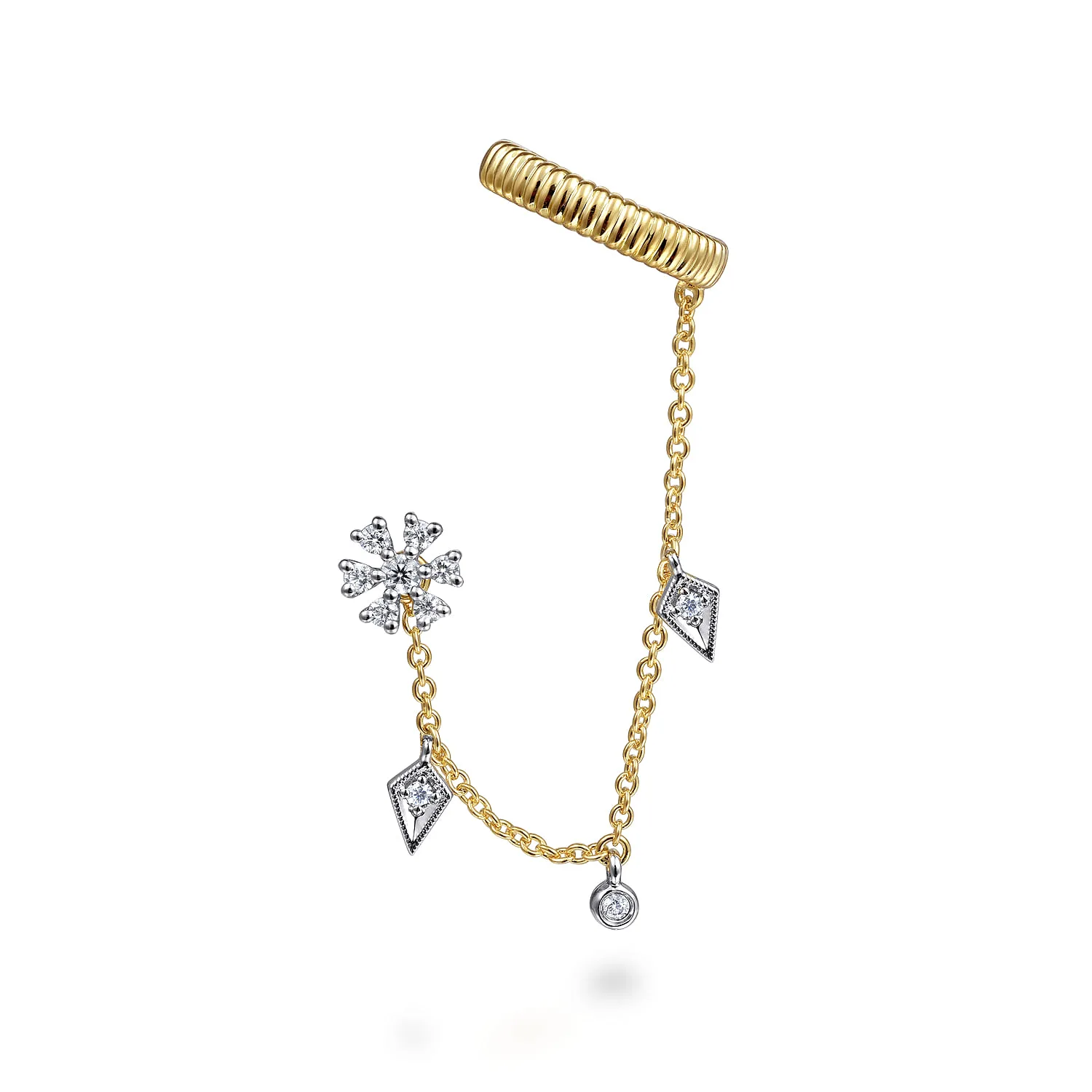 Single Diamond Stud With Chain Drop And Ear Cuff in 14K White/Yellow Gold, photograph 2