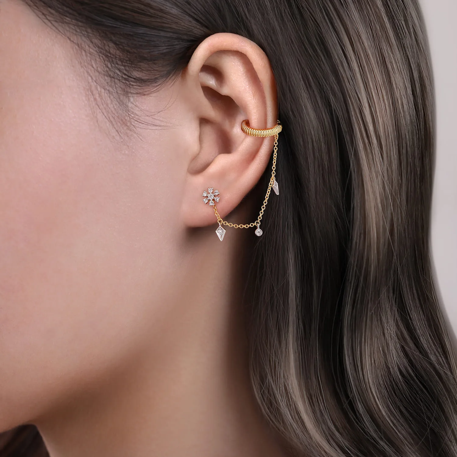 Single Diamond Stud With Chain Drop And Ear Cuff in 14K White/Yellow Gold, photograph 3