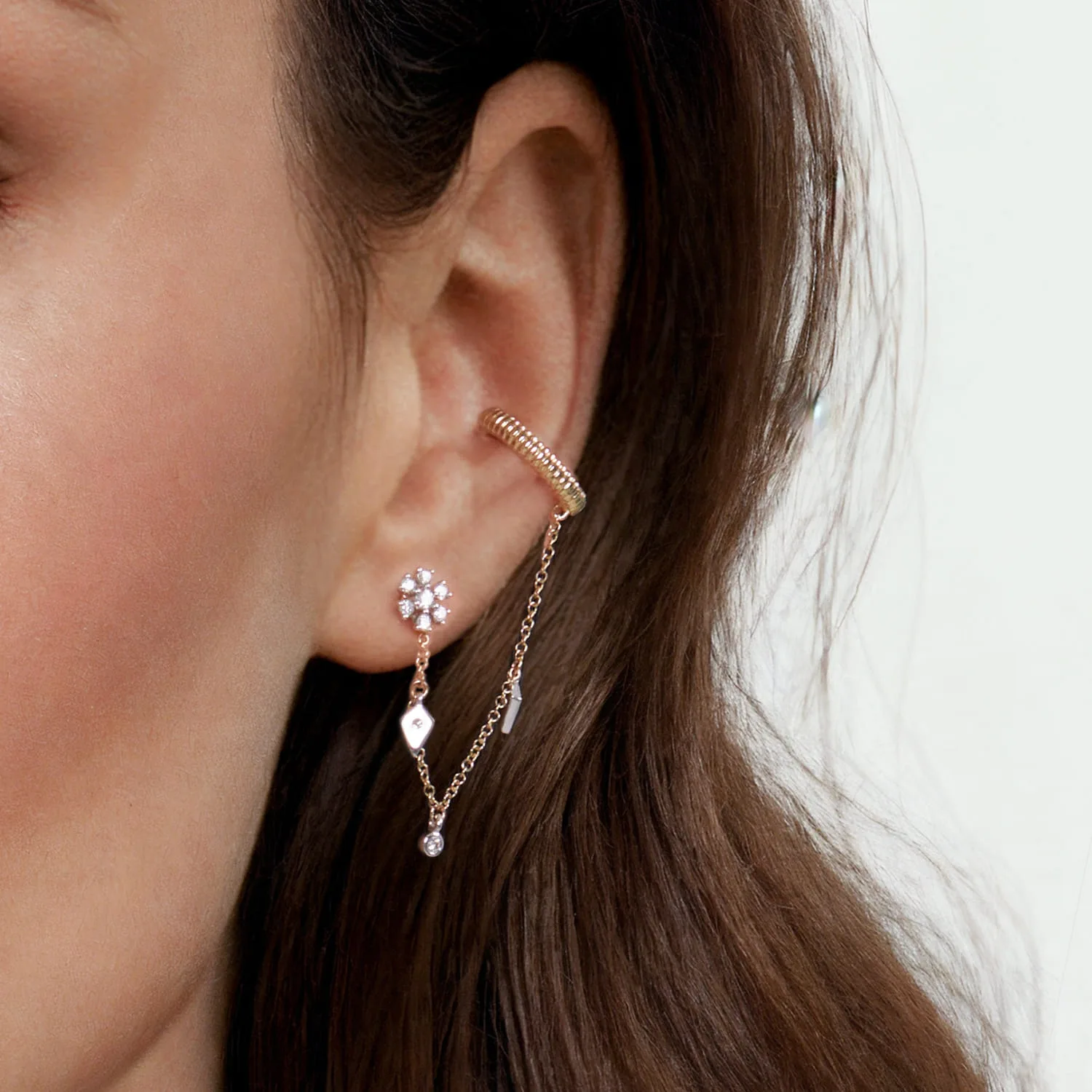Single Diamond Stud With Chain Drop And Ear Cuff in 14K White/Yellow Gold, photograph 4