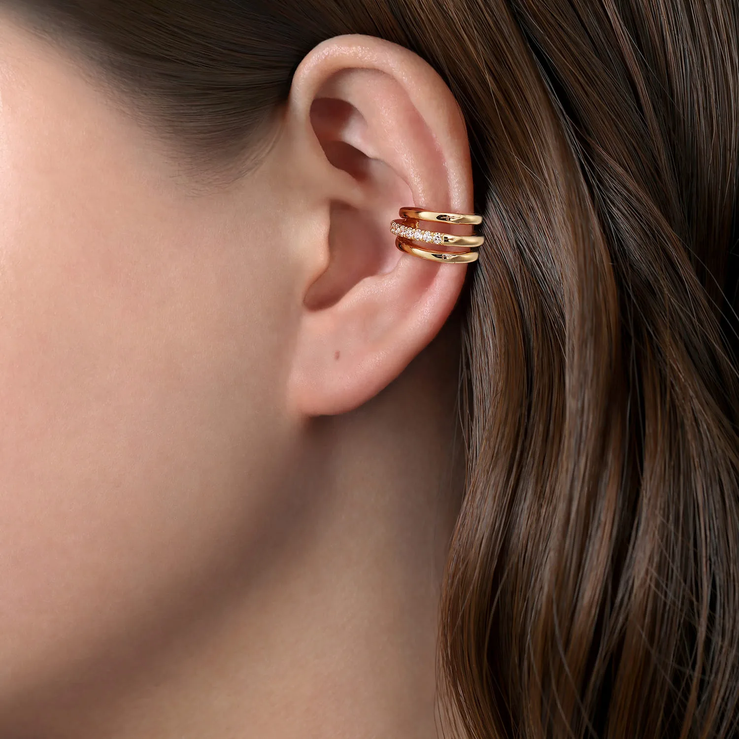 Single Diamond Single Ear Cuff in 14K Yellow Gold, photograph 2