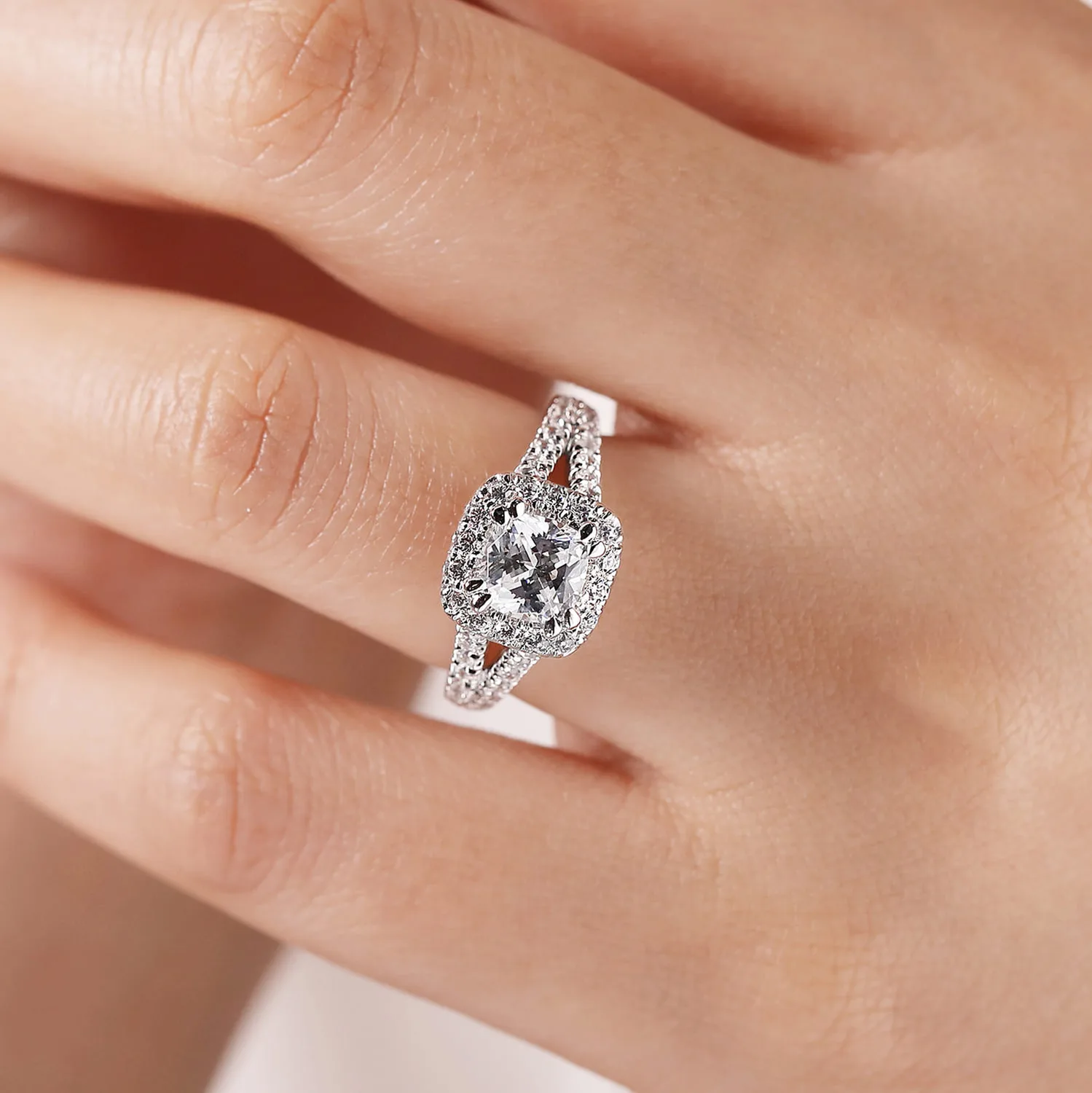 Cushion Halo Diamond Engagement Ring in 14K White Gold, photograph 6