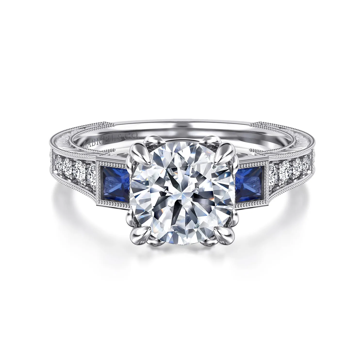 Vintage Inspired Round Three Stone Sapphire and Diamond Engagement Ring