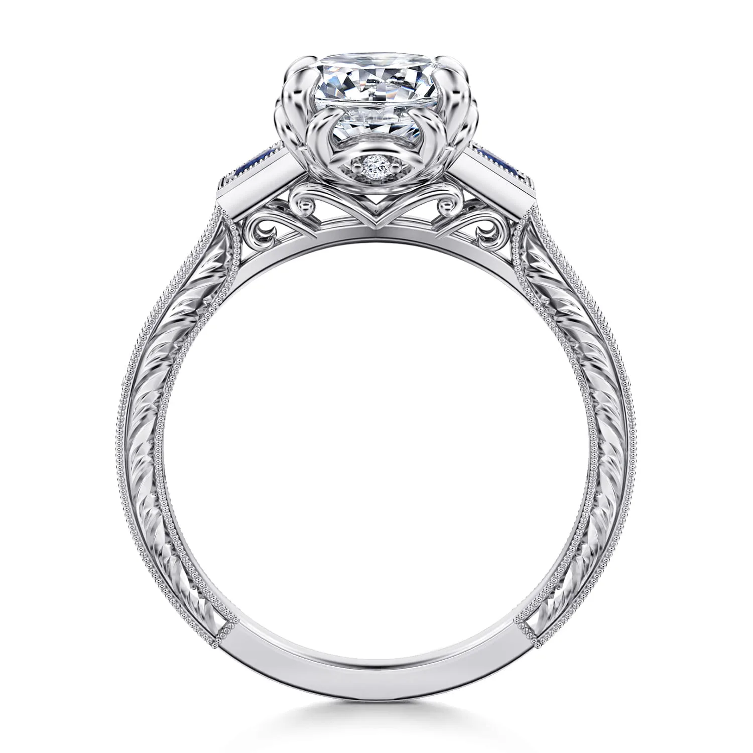 Vintage Inspired Round Three Stone Sapphire and Diamond Engagement Ring in 14K White Gold, photograph 2