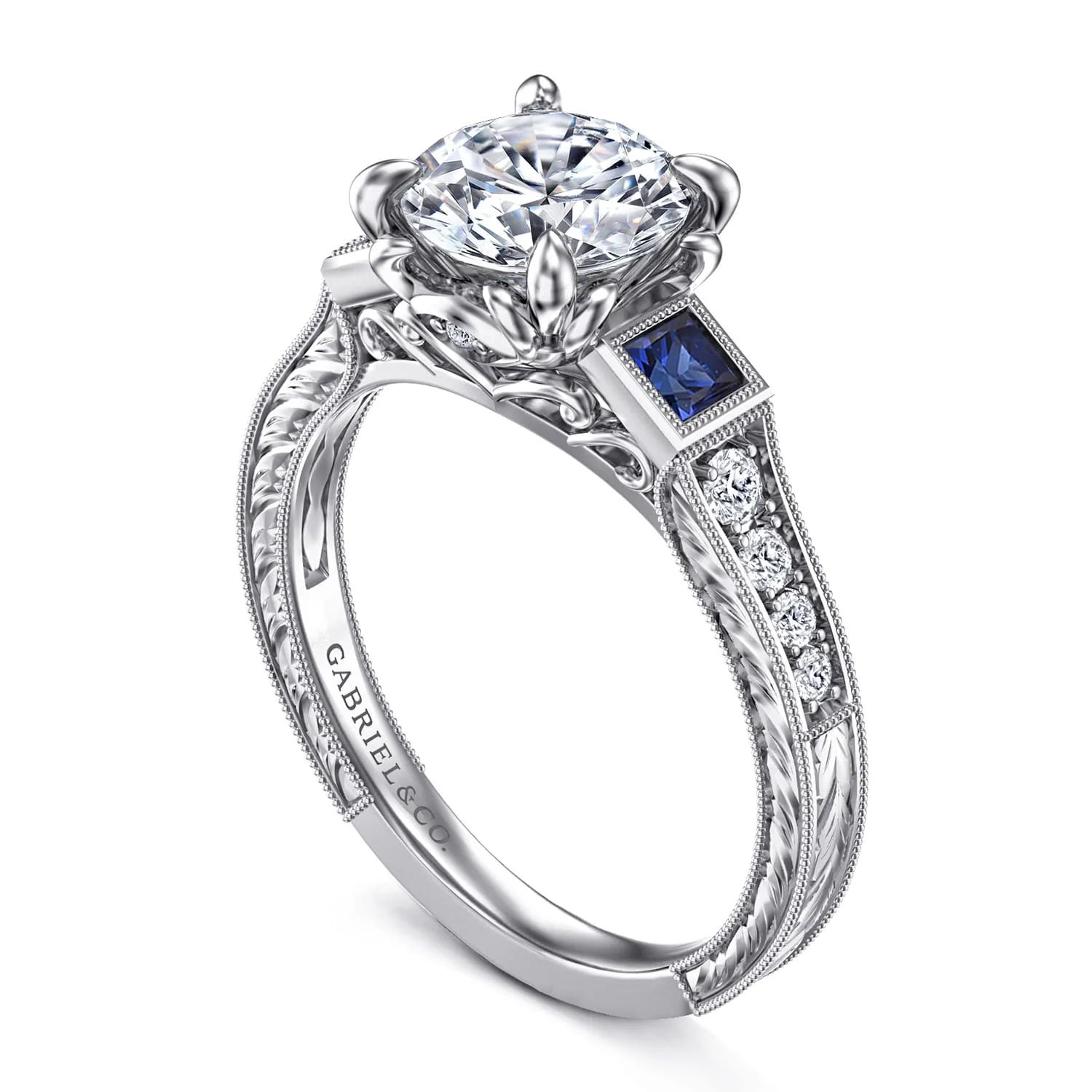 Vintage Inspired Round Three Stone Sapphire and Diamond Engagement Ring in 14K White Gold, photograph 3