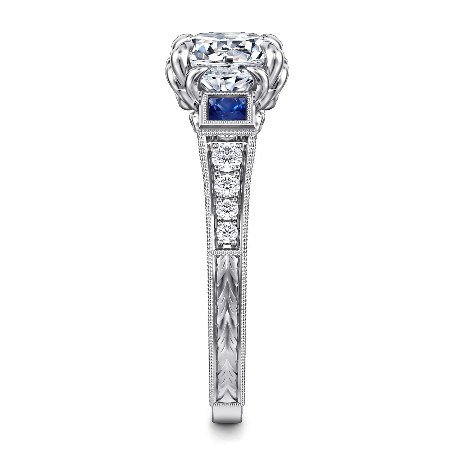 Vintage Inspired Round Three Stone Sapphire and Diamond Engagement Ring in 14K White Gold, photograph 4