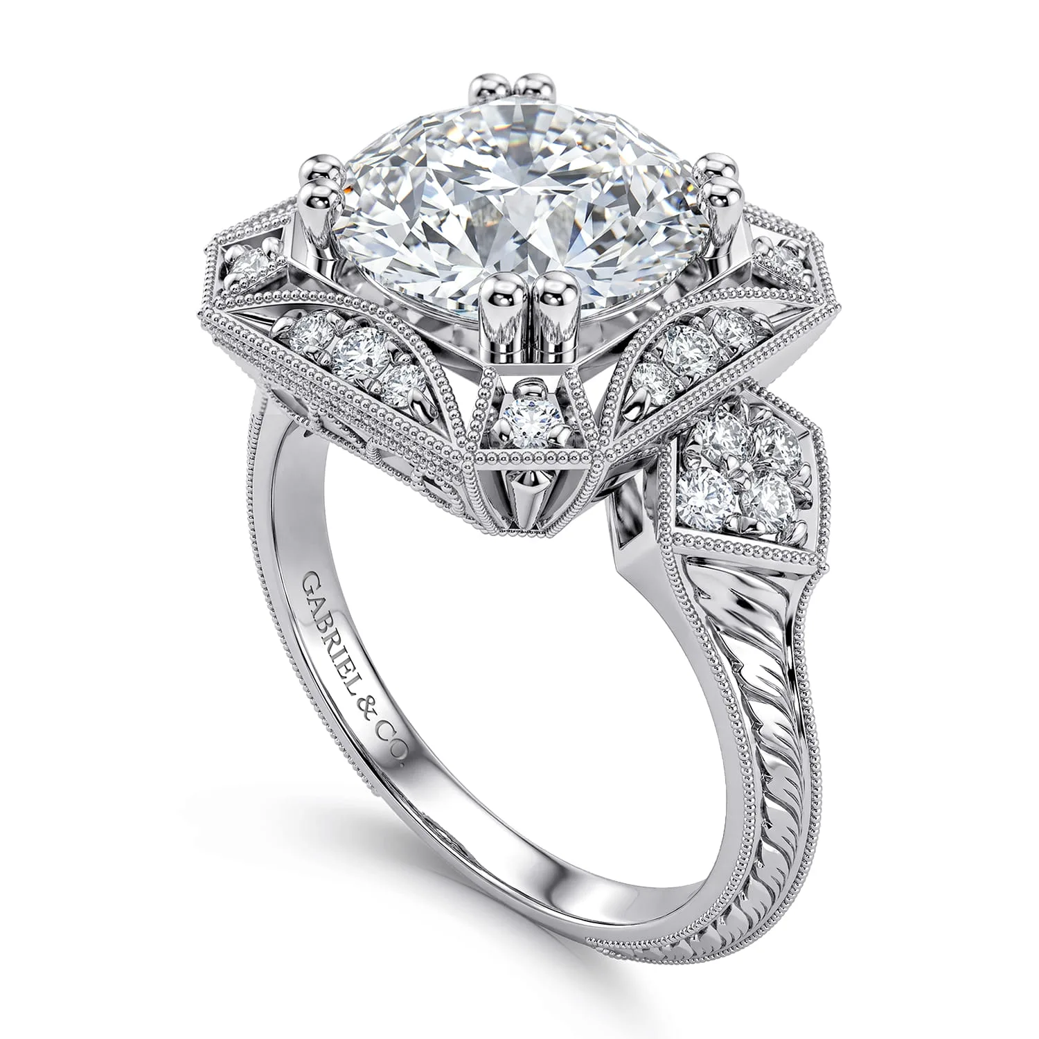 Round Vintage Inspired Halo Diamond Engagement Ring in 14K White Gold, photograph 2