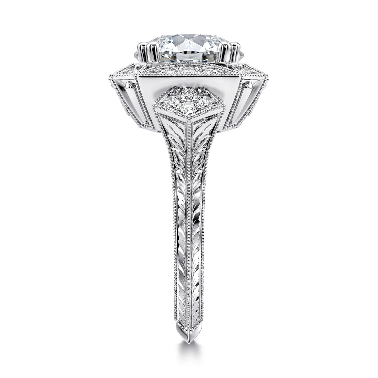 Round Vintage Inspired Halo Diamond Engagement Ring in 14K White Gold, photograph 3