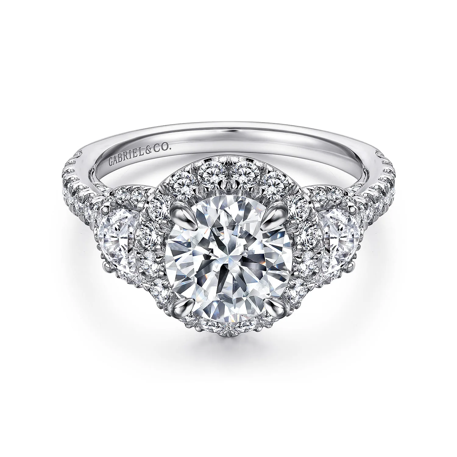 Three Stone Halo Diamond Engagement Ring