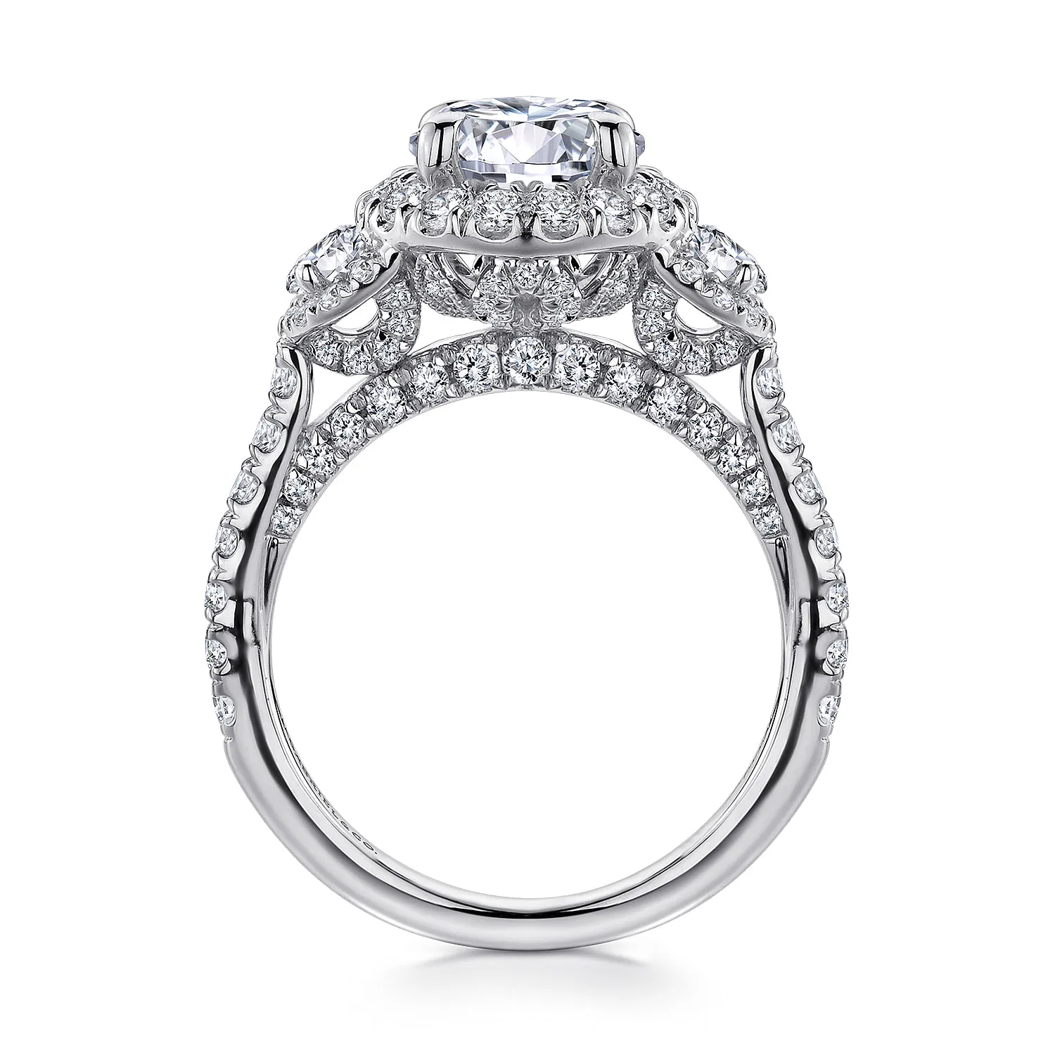 Round Three Stone Halo Diamond Engagement Ring in 14K White Gold, photograph 2