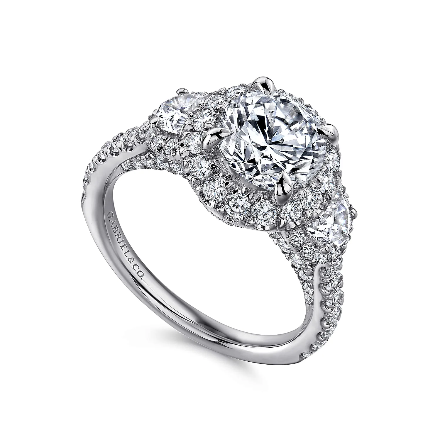 Round Three Stone Halo Diamond Engagement Ring in 14K White Gold, photograph 3