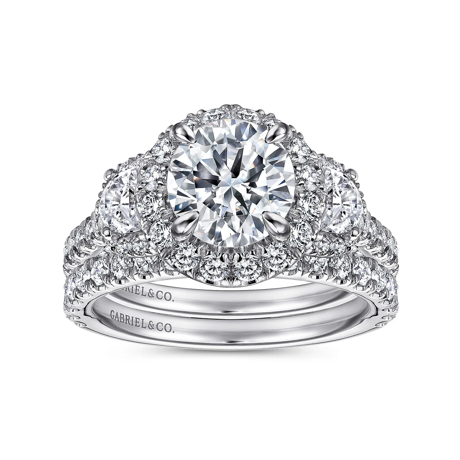 Round Three Stone Halo Diamond Engagement Ring in 14K White Gold, photograph 4