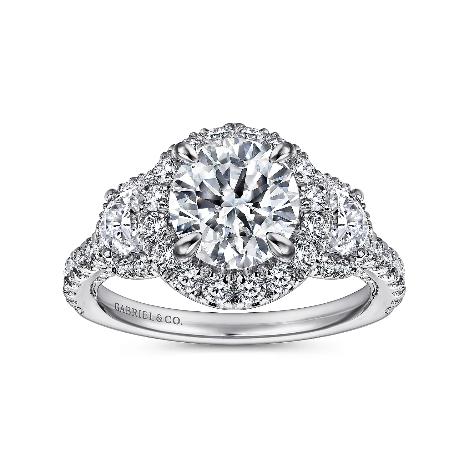 Round Three Stone Halo Diamond Engagement Ring in 14K White Gold, photograph 5