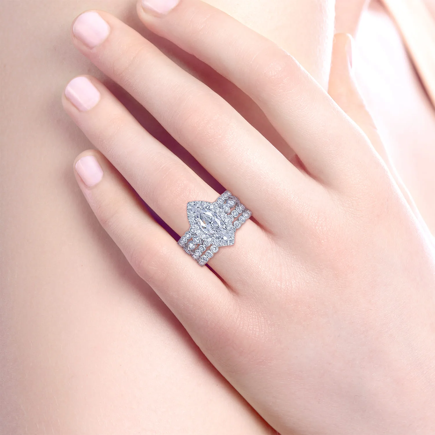 Marquise Halo Diamond Engagement Ring in 14K White Gold, photograph 6
