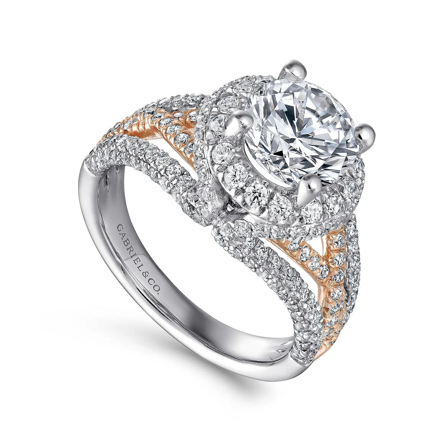 Round Halo Diamond Engagement Ring in 14K White/Rose Gold, photograph 3